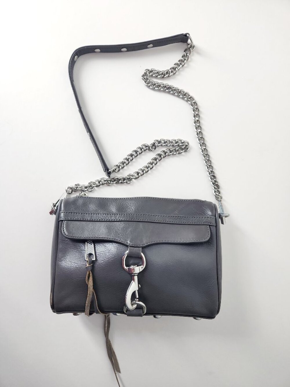Rebecca Minkoff Mini M.A.C. Crossbody Leather Bag Purse grey silver tone chain